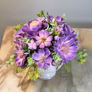 Pretty vintage pedestal sherbet bowl filled with hand painted Sola wood flowers